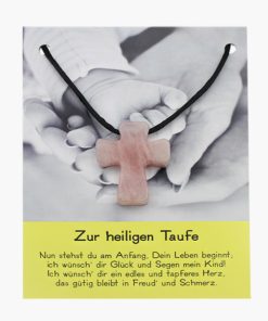 „Zur heiligen Taufe“ Pilgerkreuz Anhänger aus Rosenquarz auf großer Karte